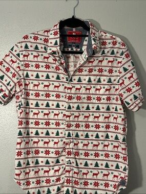 Mi Christmas Print Short-Sleeve Button-Up Shirt - White/Red/Green